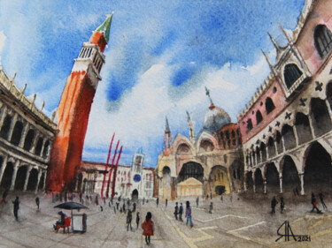 Peinture intitulée "Piazza San Marco" par Artiom Iavorskii, Œuvre d'art originale, Aquarelle