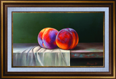 Peaches (30x45cm, oil on panel) Painting titled "Peaches (30x45cm, o…" by Gevorg Sinanyan, Original Artwork, Oil Mounted on Wood Stretcher frame