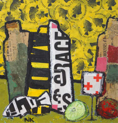 Painting titled "BOUTEILLES ET POISS…" by Germain Henneka, Original Artwork, Acrylic Mounted on Cardboard