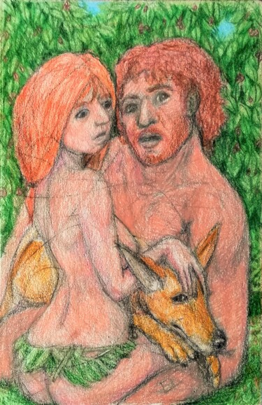 제목이 "Adam and Eve and th…"인 그림 Edwin Loftus로, 원작, 파스텔 기타 단단한 패널에 장착됨