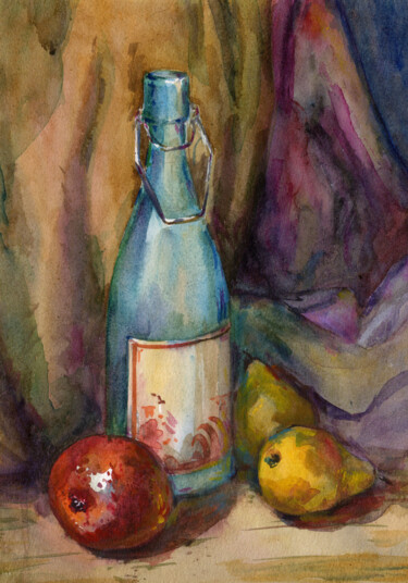 Still life with a blue bottle Original watercolor painting Painting titled "Still life with a b…" by Yulia Babulina, Original Artwork, Watercolor