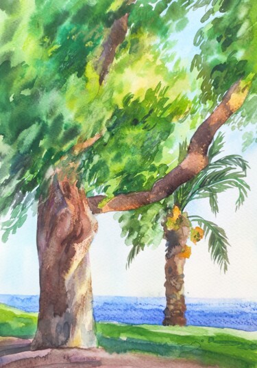 The tree near the sea, Antalya, Turkey 제목이 "The tree near the s…"인 미술작품 Valentina Pushkareva로, 원작, 수채화