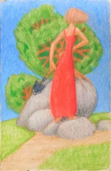 제목이 "Woman in a Red Dress"인 그림 Edwin Loftus로, 원작, 파스텔 기타 단단한 패널에 장착됨