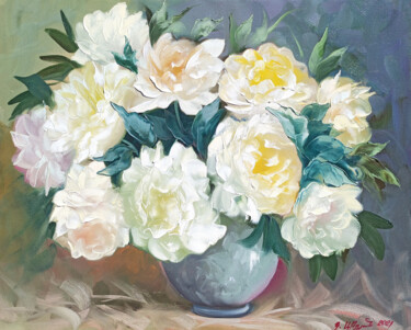 Pintura intitulada "White peonies (60x8…" por Kamo Atoyan, Obras de arte originais, Óleo Montado em Armação em madeira