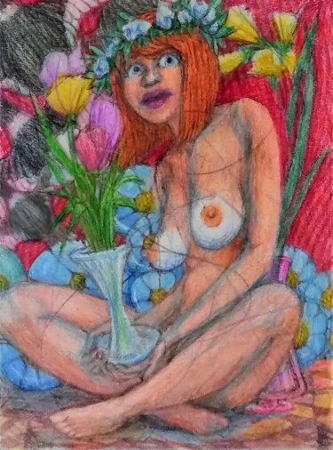 Nude with Flowers 图画 标题为“Nude with Flowers” 由Edwin Loftus, 原创艺术品, 粉彩 安装在其他刚性面板上