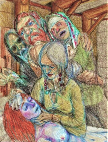 「Death and the Shama…」というタイトルの描画 Edwin Loftusによって, オリジナルのアートワーク, パステル その他の剛性パネルにマウント