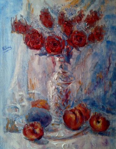 With Avocado and Nectarines Painting titled "With Avocado and Ne…" by Alex Klas, Original Artwork, Oil Mounted on Wood Stretcher frame
