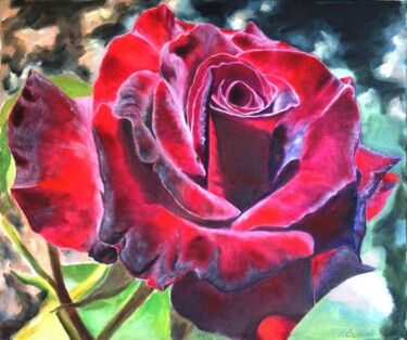 Blooming burgundy rose Peinture intitulée "Blooming burgundy r…" par Liubov Samoilova, Œuvre d'art originale, Huile