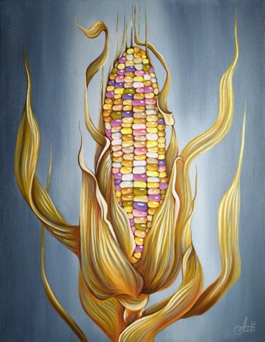 Queen of the Fields (Indian corn) Painting titled "Queen of the Fields…" by Anna Shabalova, Original Artwork, Oil Mounted on Wood Stretcher frame