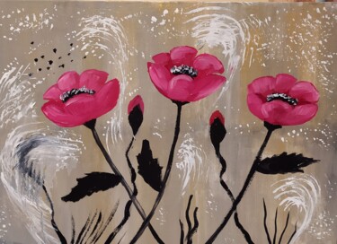 3 poppies abstract wall art oil painting on canvasbord Painting titled "3 poppies abstract…" by Invinci Bill Jean, Original Artwork, Oil