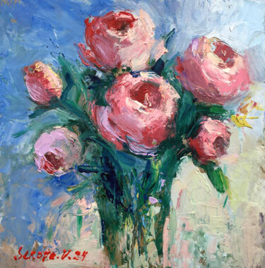 Flower original oil painting Small Peonies Roses still life Malerei mit dem Titel "Flower original oil…" von Valerie Serova, Original-Kunstwerk, Öl Auf Karton montiert