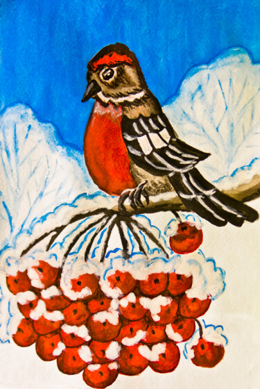 Bulfinch with rowan berries Painting titled "Bulfinch with rowan…" by Irina Afonskaya, Original Artwork, Watercolor