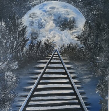 Peinture intitulée "tramway to the moon" par Patricia Poulot, Œuvre d'art originale, Acrylique