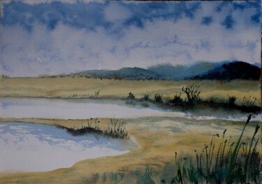 watercolor painting of a calm countryside landscape. 제목이 "watercolor painting…"인 미술작품 Jean-Marc Quilichini로, 원작, 수채화
