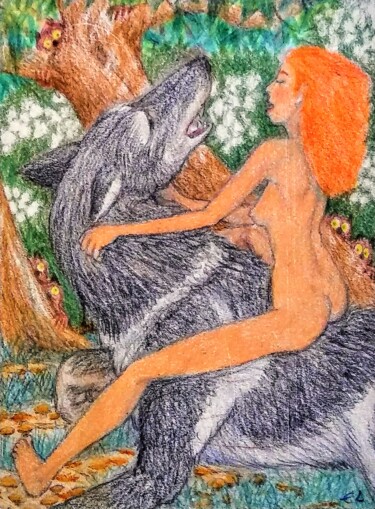 图画 标题为“Nehalennia on Wolf-…” 由Edwin Loftus, 原创艺术品, 粉彩 安装在其他刚性面板上
