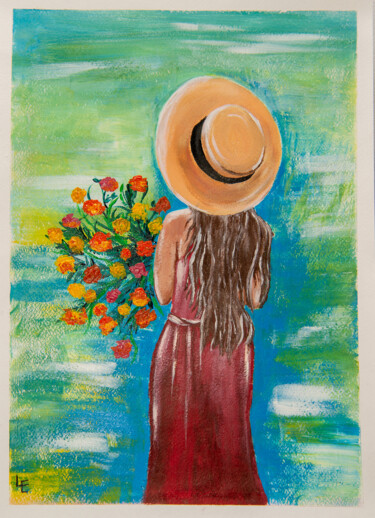 GIRL WITH A BOUQUET - original gift, woman,original gift Картина под названием "GIRL WITH A BOUQUET…" - Elena Polak, Подлинное произведение искусства, Акрил