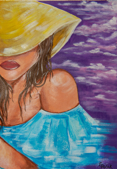 Mysterious Woman and purple sky - wall home decor Картина под названием "Mysterious Woman an…" - Elena Polak, Подлинное произведение искусства, Акрил