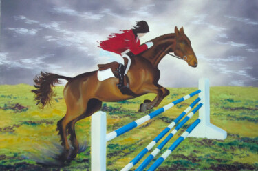 Peinture à l'huile sur toile de cheval en jumping 「Peinture à l'huile…」というタイトルの絵画 Isabelle Redonnetによって, オリジナルのアートワーク, オイル ウッドストレッチャーフレームにマウント