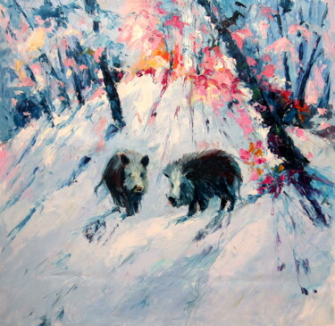 Ζωγραφική με τίτλο "Boars in the snow" από Anna Brigitta Kovacs (KAB), Αυθεντικά έργα τέχνης, Λάδι