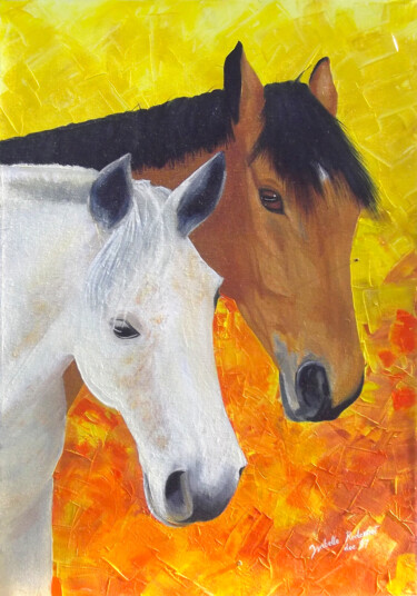 Peinture à l'huile sur toile de chevaux de club équestre 「Peinture à l'huile…」というタイトルの絵画 Isabelle Redonnetによって, オリジナルのアートワーク, オイル ウッドストレッチャーフレームにマウント