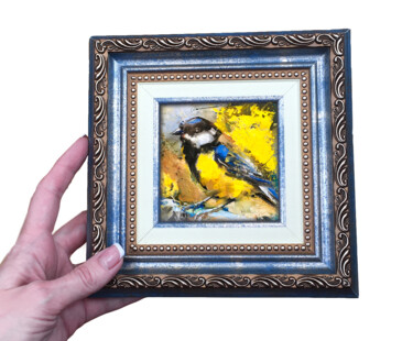 Encadré petite peinture à l'huile mésange bleue cadre miniat 「Encadré petite pein…」というタイトルの絵画 Valerie Serovaによって, オリジナルのアートワーク, オイル