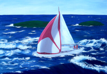 Huile sur toile de voilier au large des îles Lérins Peinture intitulée "Huile sur toile de…" par Isabelle Redonnet, Œuvre d'art originale, Huile Monté sur Châssis en bois