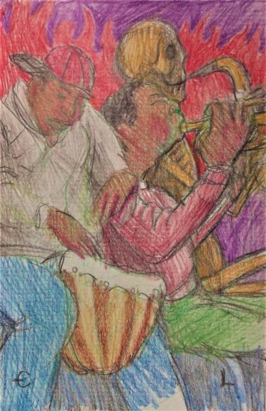 「Street Musicians an…」というタイトルの描画 Edwin Loftusによって, オリジナルのアートワーク, パステル その他の剛性パネルにマウント