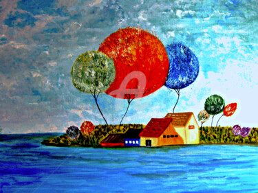 Painting titled "S-Village by River…" by Clement Tsang, Original Artwork, Oil
