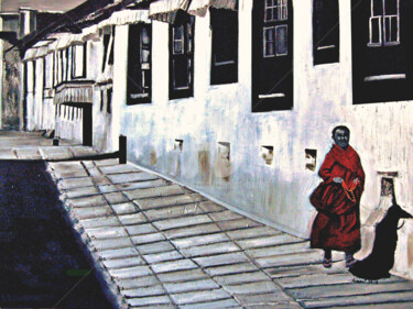 Ζωγραφική με τίτλο "S-A monk walking" από Clement Tsang, Αυθεντικά έργα τέχνης, Λάδι