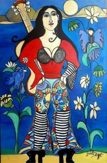 Apprendre la guitare avec l oiseau Peinture intitulée "Apprendre la guitar…" par Juliette B'Art, Œuvre d'art originale, Acrylique