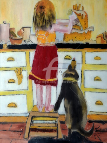 Painting titled "S-Little girl cooki…" by Clement Tsang, Original Artwork, Oil