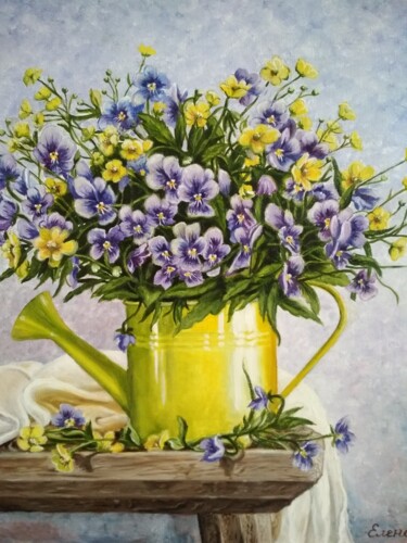 Pansies in a yellow watering can Peinture intitulée "Pansies in a yellow…" par Elena Kozyutenko, Œuvre d'art originale, Huile