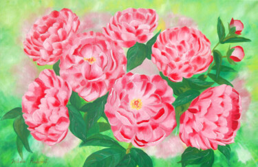 Peinture à l'huile sur toile originale de Pivoines rose Peinture intitulée "Peinture à l'huile…" par Isabelle Redonnet, Œuvre d'art originale, Huile Monté sur Châssis en bois