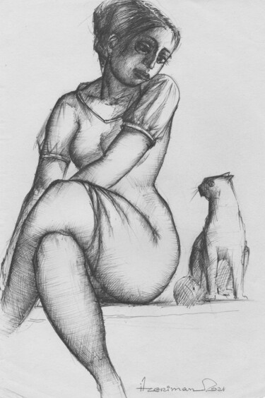 图画 标题为“Girl with a cat-5” 由Azeriman, 原创艺术品, 圆珠笔
