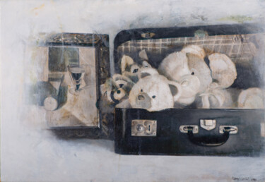 Painting titled "Maleta con peluches" by Juan Álvarez Cebrián, Original Artwork, Oil Mounted on Wood Stretcher frame