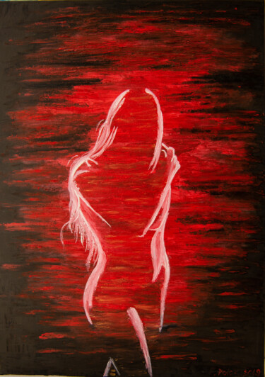 Red and black silhouette of naked girl bedroom decoration Картина под названием "Red and black silho…" - Elena Polak, Подлинное произведение искусства, Масло Установлен на Деревянная…