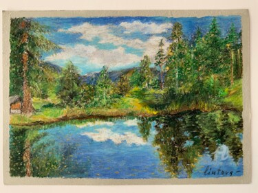 Peinture intitulée ",,Mountain Lake''" par Olga Liutova-Amplatz, Œuvre d'art originale, Huile Monté sur Autre panneau rigide