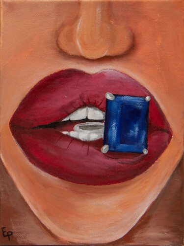 Sapphire and full lips red lipstick small painting for wall Картина под названием "Sapphire and full…" - Elena Polak, Подлинное произведение искусства, Акрил Установлен на Деревянная…