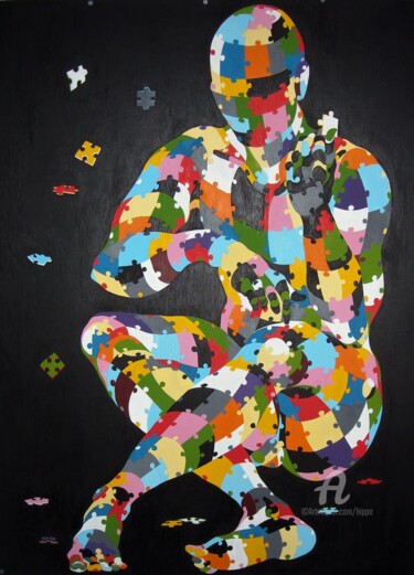 Painting titled "L'HOMME PUZZLE" by Hippo, Original Artwork, Oil