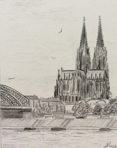 Malerei mit dem Titel "Kölner Rheinfront" von Stefan Dhein, Original-Kunstwerk, Bleistift