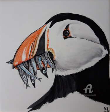 Schilderij getiteld "Puffin with fish" door Venessa Lagrand, Origineel Kunstwerk, pigmenten