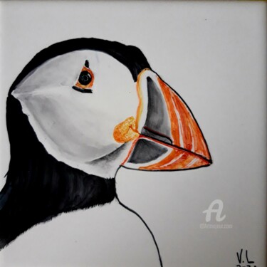 Pintura titulada "Puffin painted on c…" por Venessa Lagrand, Obra de arte original, Cerámica Montado en Panel de madera