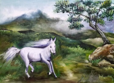 Cheval blanc dans le pré Картина под названием "Cheval blanc dans l…" - Elizaveta Pastushchak, Подлинное произведение искусства, Масло