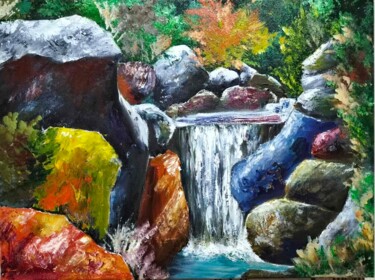 Jungle et cascade│Cascade intérieure lumineuse Картина под названием "Jungle et cascade│C…" - Elizaveta Pastushchak, Подлинное произведение искусства, Масло