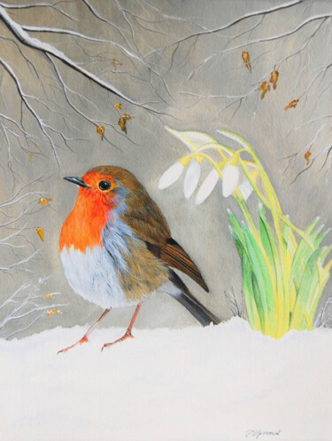 rouge gorge II - huile sur toile originale signée Painting titled "rouge gorge II - hu…" by Patricia Giroldini Hyvernat, Original Artwork, Gouache Mounted on Wood Stretcher f…