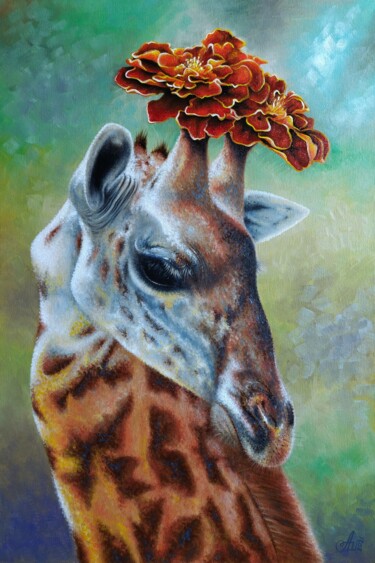 Lady Giraffe 绘画 标题为“Lady Giraffe” 由Anna Shabalova, 原创艺术品, 油 安装在木质担架架上