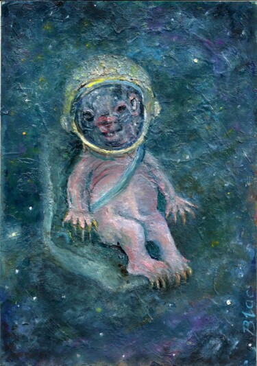 Painting titled "Вомбат Илон в космо…" by Viacheslav Vlasov, Original Artwork, Oil