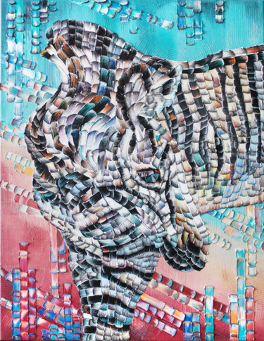 Painting titled "Zebra" by Julia Ptl, Original Artwork, Oil Mounted on Wood Stretcher frame