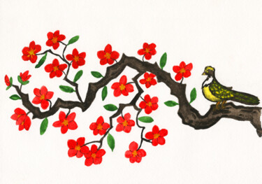 Bird on branch with red flowers on white background Painting titled "Bird on branch with…" by Irina Afonskaya, Original Artwork, Watercolor