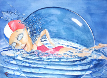 Aquarelle originale et unique d'une Grosse tête Nageuse Peinture intitulée "Aquarelle originale…" par Isabelle Redonnet, Œuvre d'art originale, Aquarelle